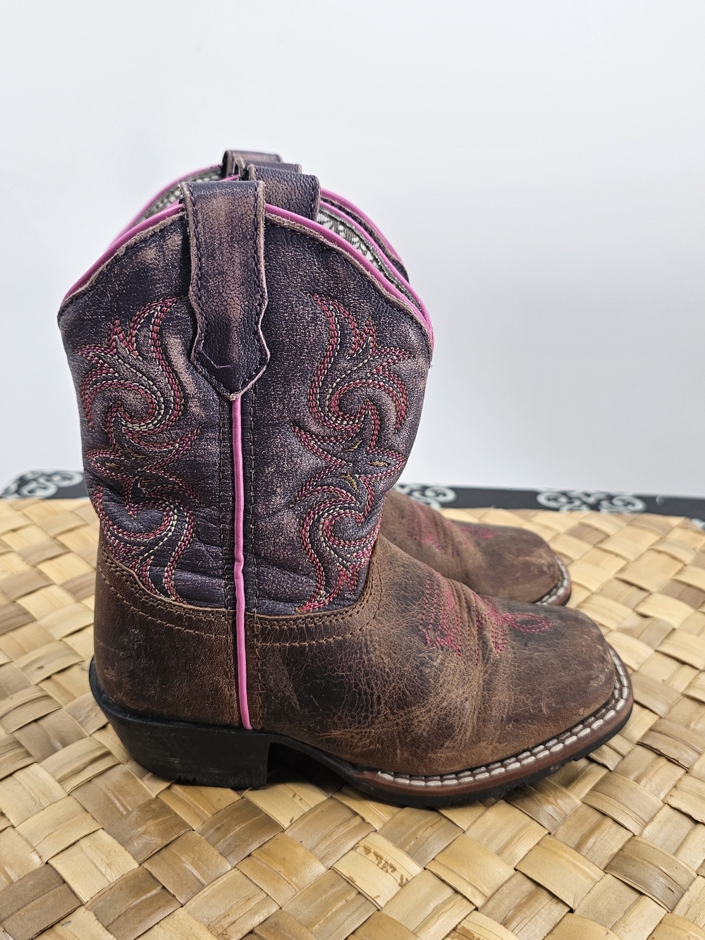 Cowboy Boots Brown Pink Square Toe Kid Size 10.5
